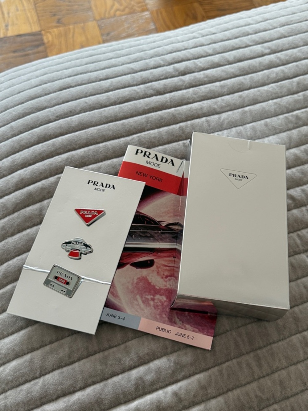Ultra Rare Prada Mode NY 2026 VIP Gift Set 3 Pins 2 Tech Stickers, Booklet & Box